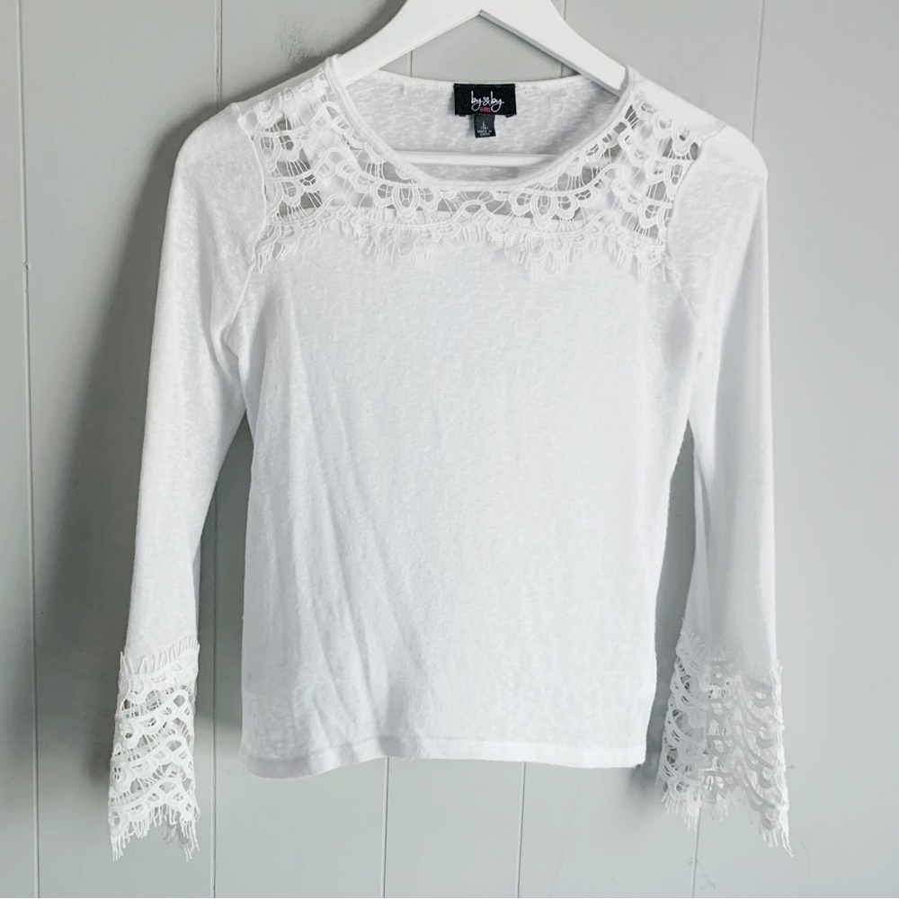 By & By Girls Sheer White Boho Sweater w Crochet Detail L